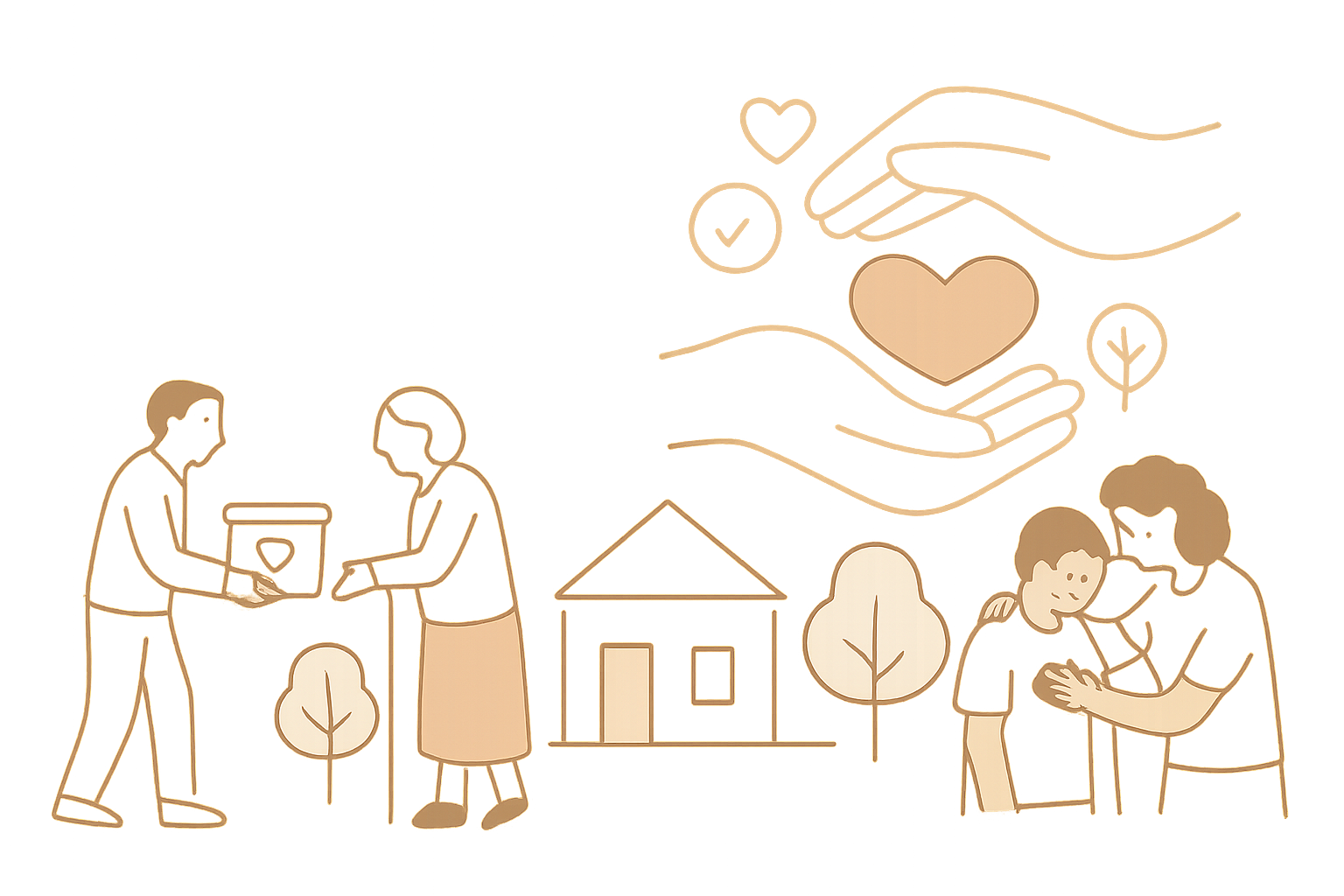 Soft line illustration of neighbors supporting each other with caring hands, homes, and community symbols
