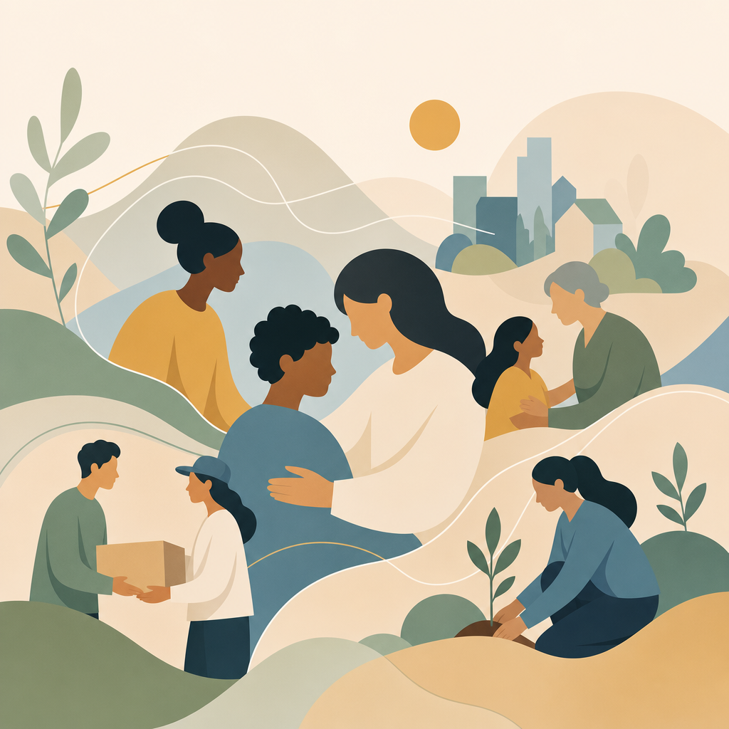 Soft community-centered illustration with abstract line and shape forms representing neighbors, care, and local connection