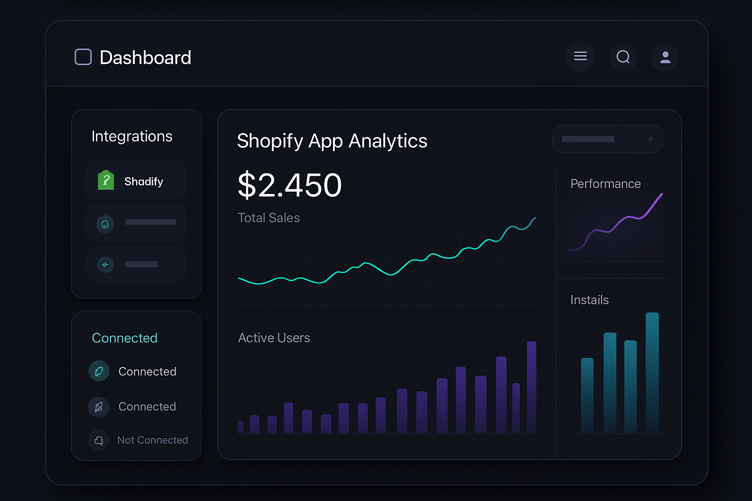 Dark-mode SaaS dashboard mockup showing Shopify app analytics, integration status panels, and performance graphs
