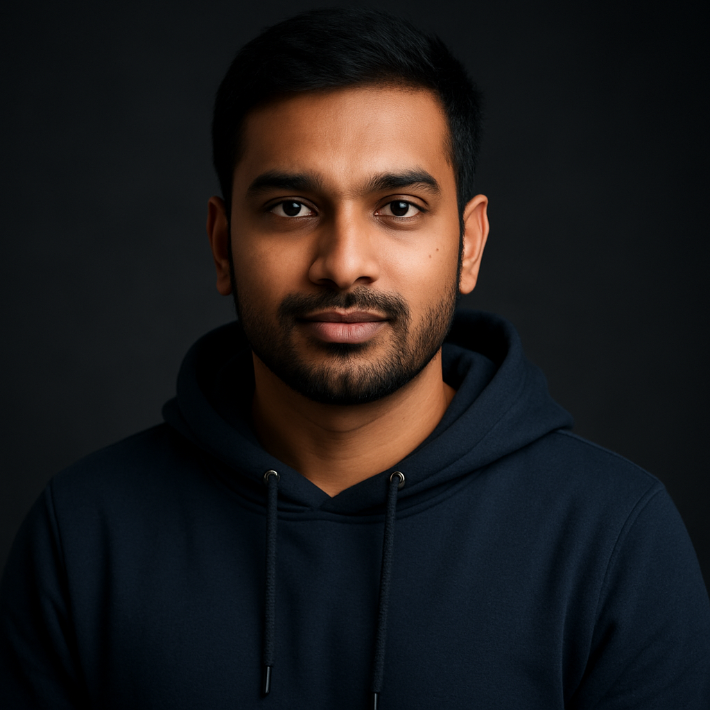 Portrait of a South Asian male SaaS founder with short black hair, trimmed beard, and a navy hoodie against a studio background