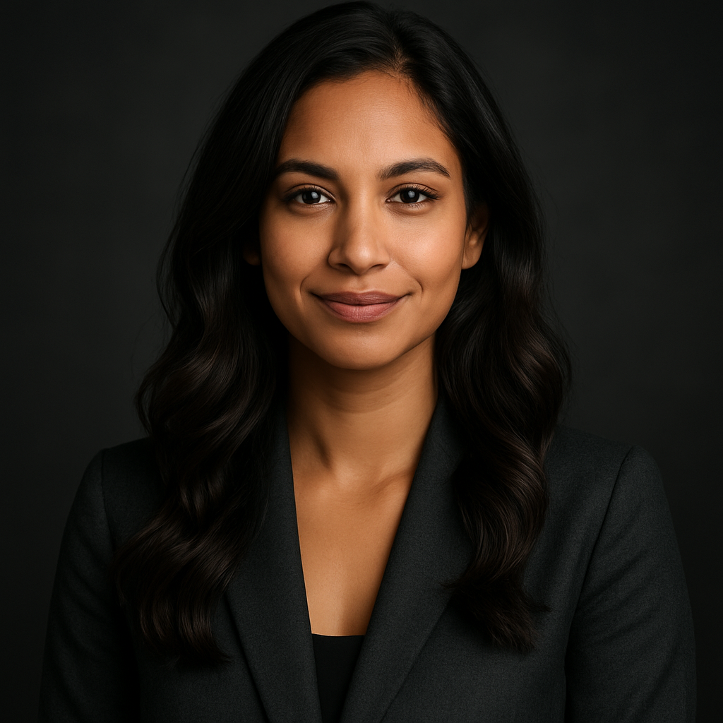 Portrait of a confident female Shopify merchant with medium-brown skin, long wavy dark hair, wearing a charcoal blazer and soft smile