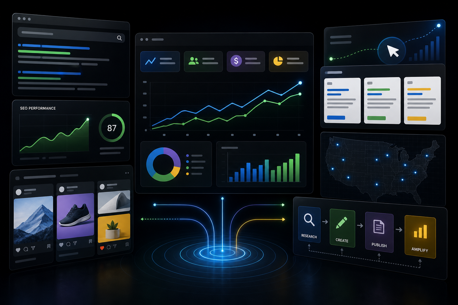 Abstract multi-channel campaign dashboard collage with layered charts, social post tiles, search snippets, and content workflow cards in a modern dark interface