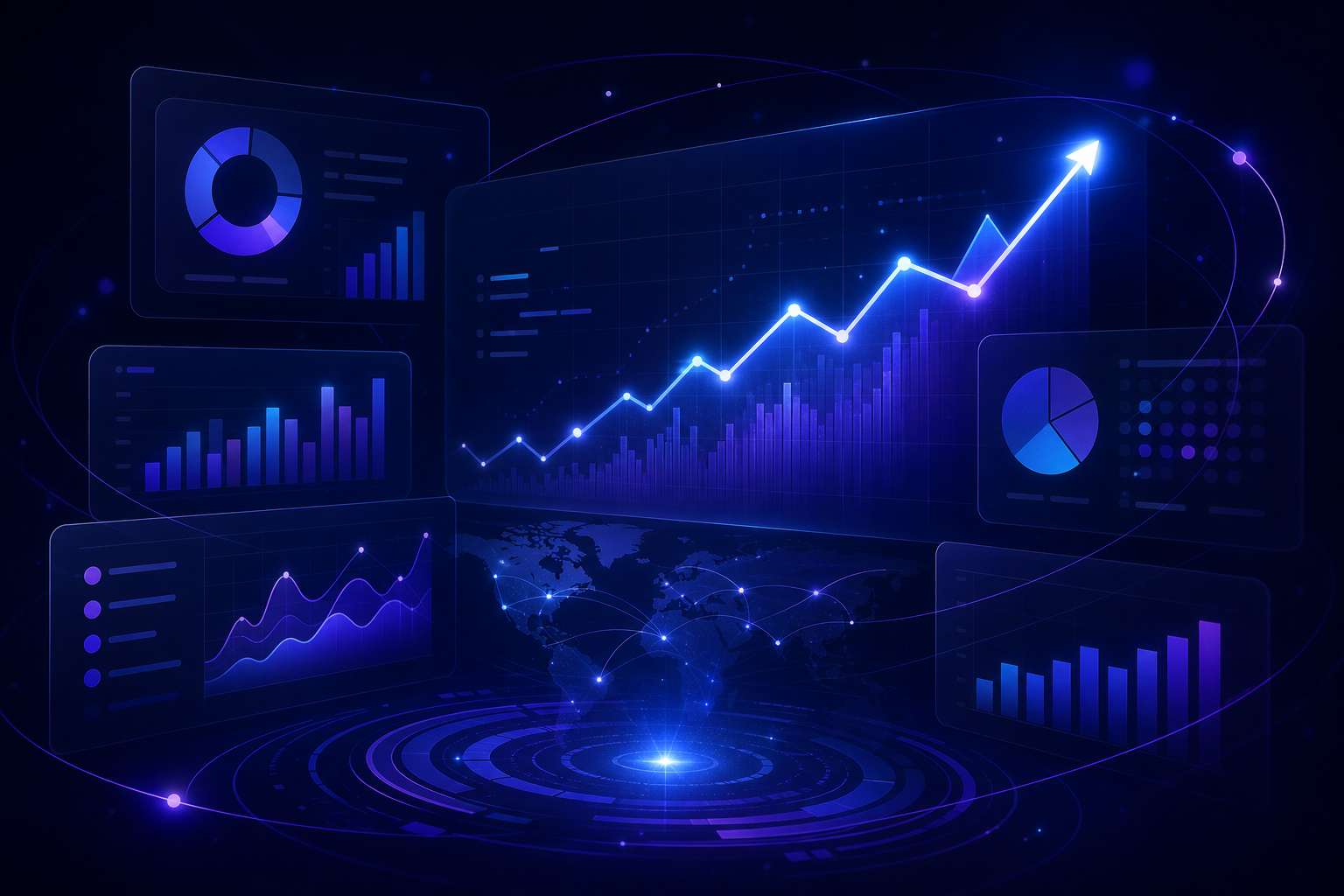 Abstract strategic analytics dashboard scene with orbit lines, glowing chart curves, and growth indicators in a dark-tech style