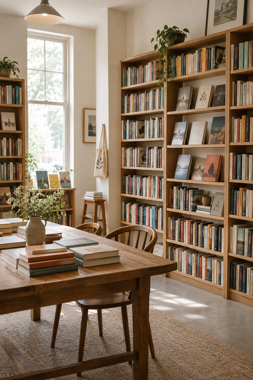 Quiet independent bookshop interior with curated shelves, a wooden reading table, and soft daylight