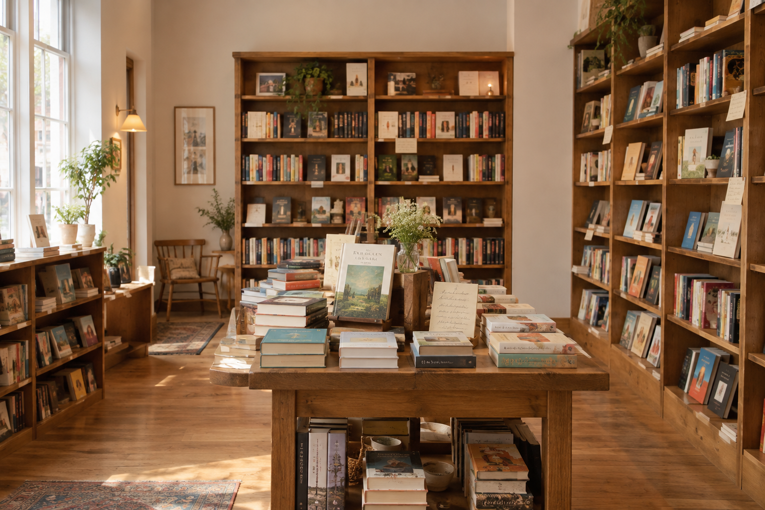 Softly lit independent bookshop interior with curated shelves and a central table display of books