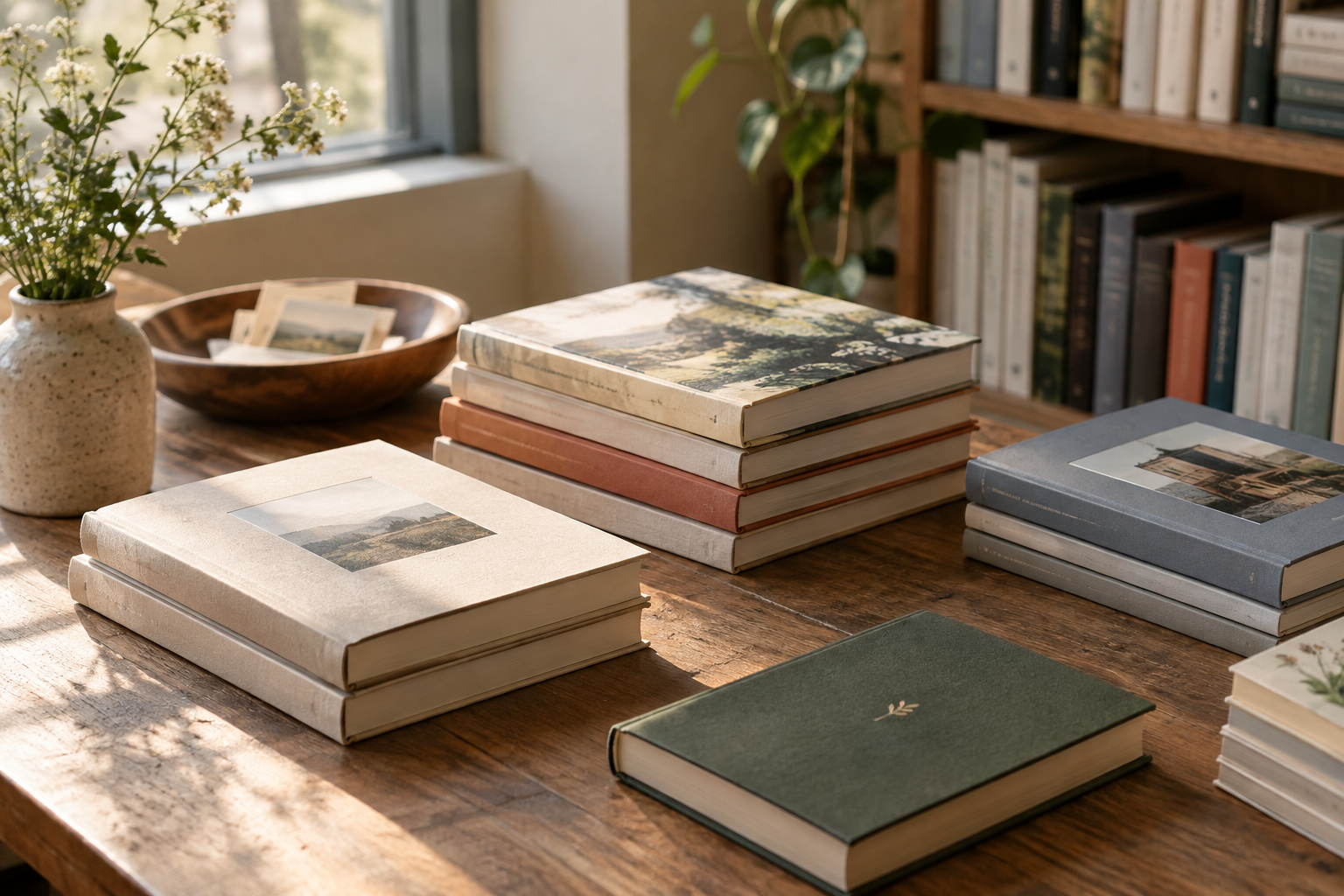 Curated tabletop stack of books in warm natural window light with tactile paper textures and linen covers