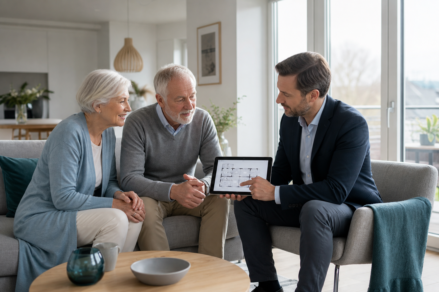 Accessibility consultant reviewing a smart-home plan with an older couple in a bright Scandinavian-inspired living room