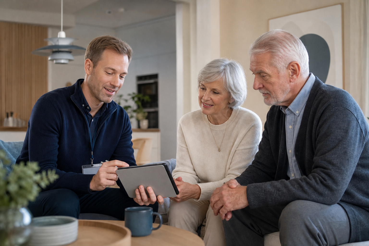 Professional accessibility specialist reviewing a tablet checklist with an older couple in a modern home