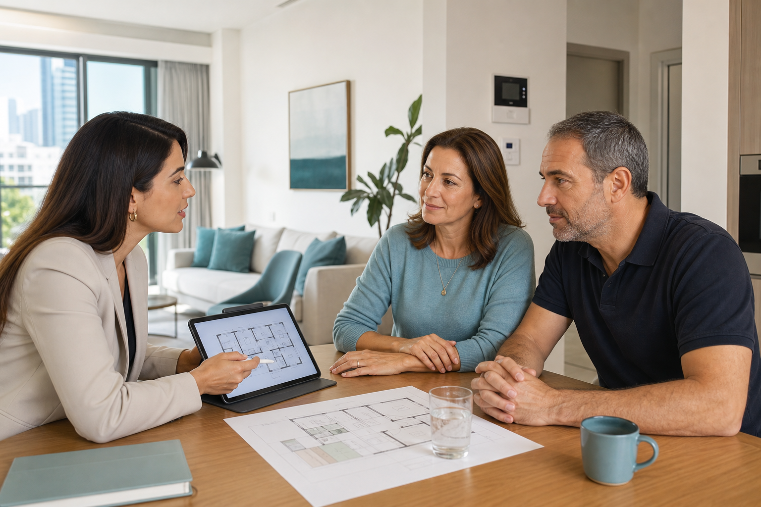 Professional accessibility consultant meeting with a middle-aged couple in a calm, modern Israeli apartment