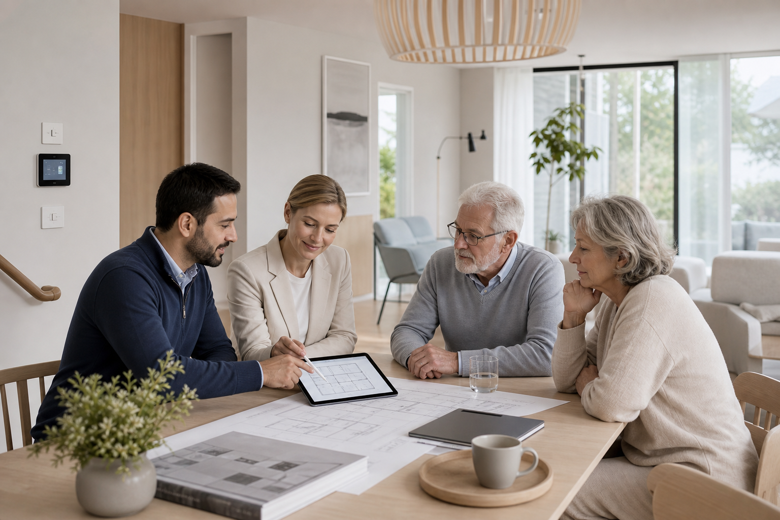 A Nordic-style accessibility consultation with a diverse professional team reviewing a home layout with an older couple, calm daylight and warm neutral tones