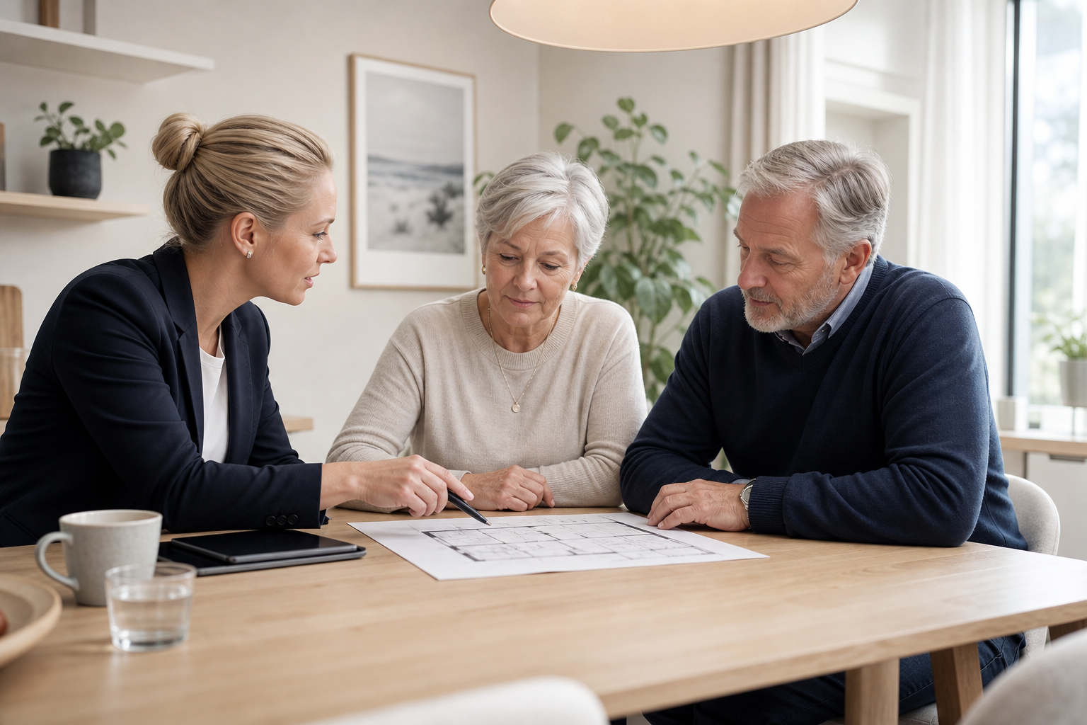 Professional accessibility consultant discussing a home plan with an older couple at a clean, light-filled table