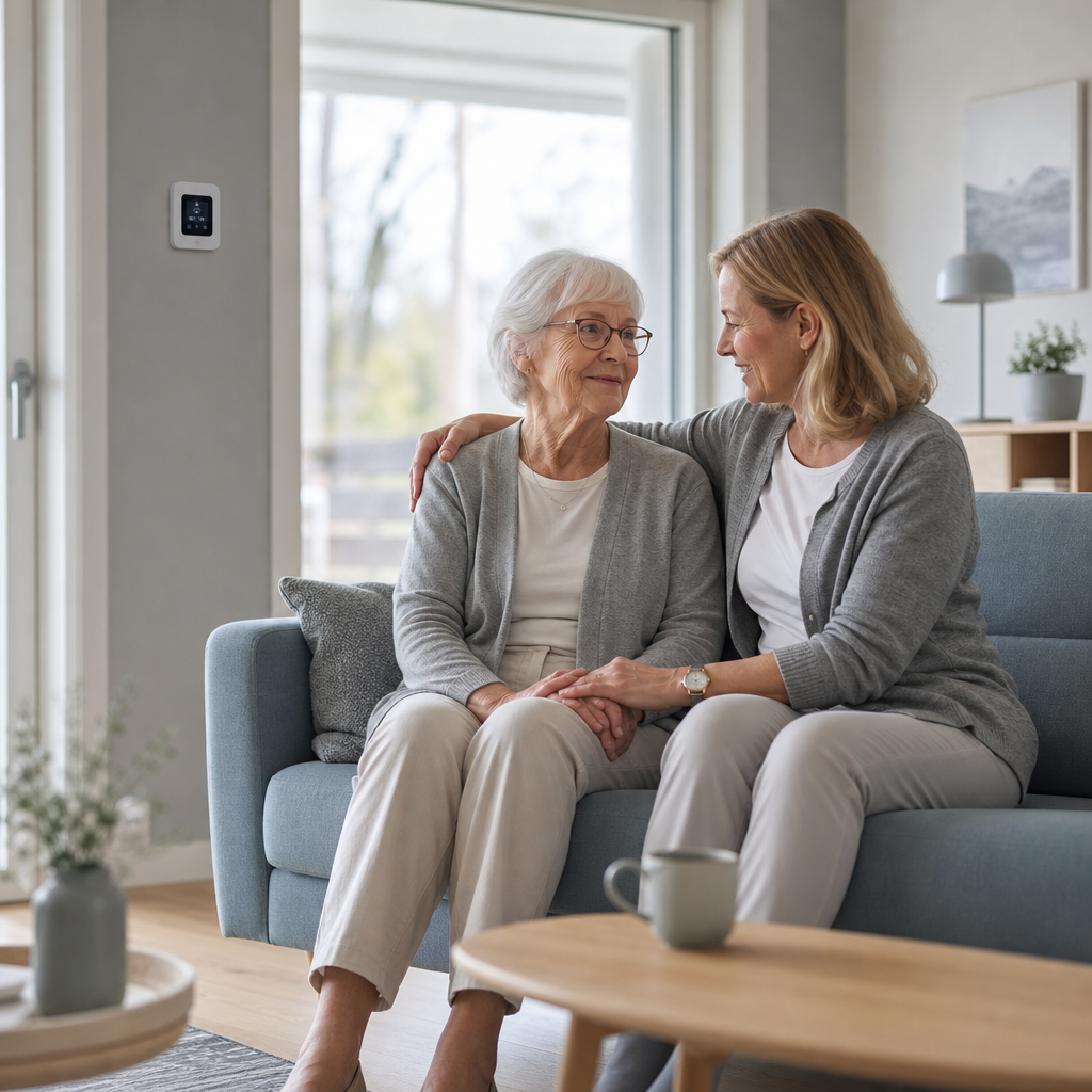 Adult daughter and elderly parent share a calm moment in a bright Scandinavian-inspired living room with subtle smart-home elements