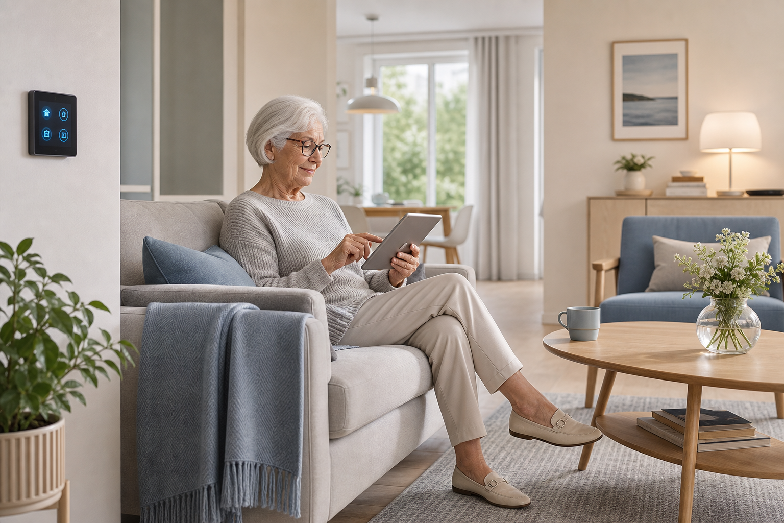 Elderly woman using a tablet in a bright Scandinavian-inspired living room with subtle smart-home lighting controls and accessible furnishings