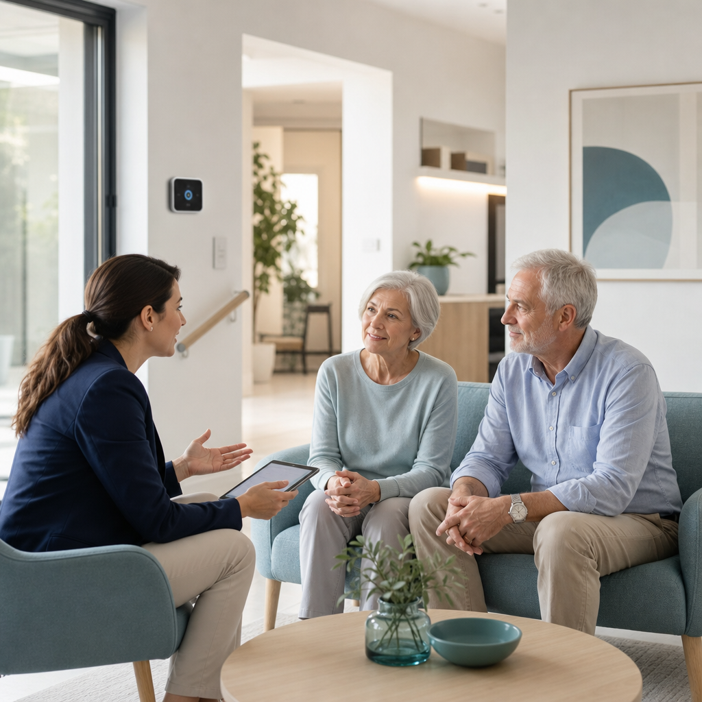 Professional accessibility consultant in Israel speaking with an older couple in a bright, modern living room