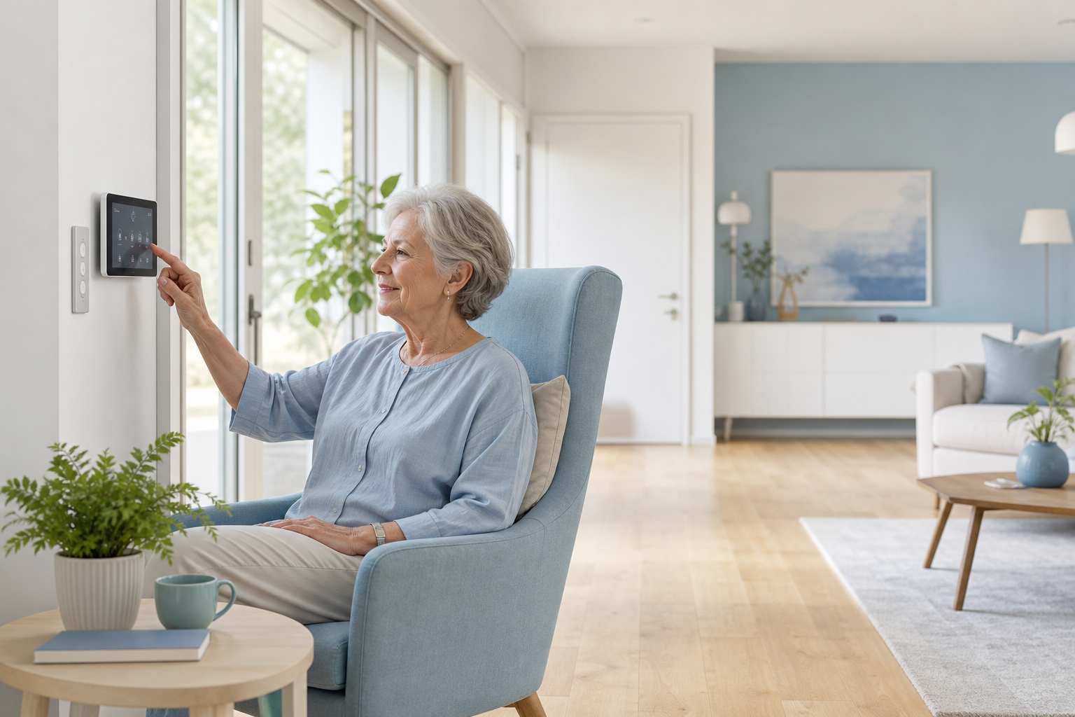 Elderly woman in a bright Scandinavian-inspired living room using subtle smart home controls in an accessible space