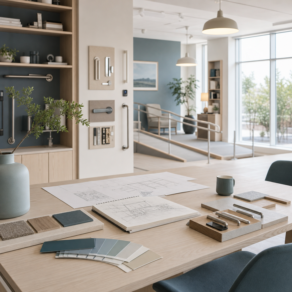 Calm Scandinavian design studio with natural light, accessible home materials, and Nordic-style sketches on a table