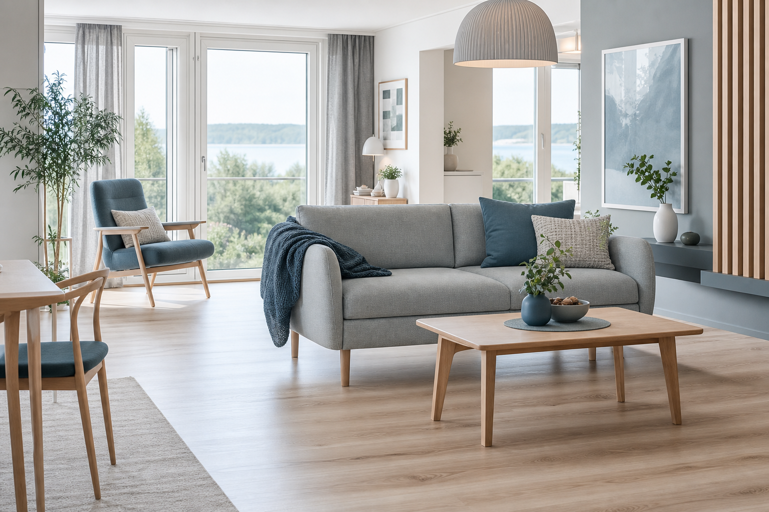Bright Scandinavian living room with soft blue and grey tones, accessible seating, and wide uncluttered walkways