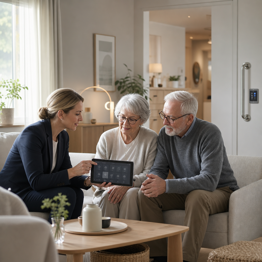 Professional accessibility consultant discussing smart-home controls with an elderly couple in a calm Scandinavian living room