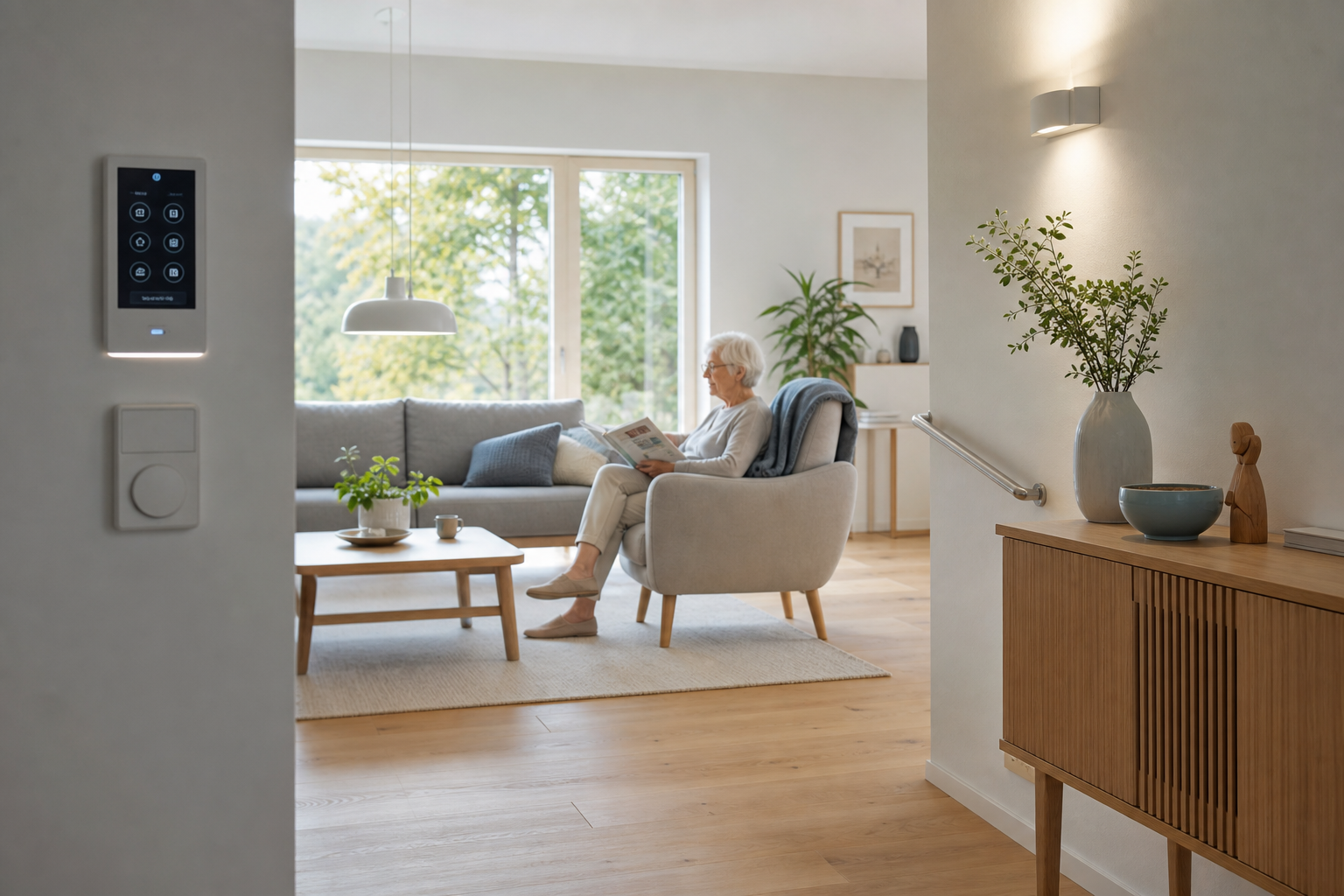Warm Scandinavian living room with discreet smart home controls, soft natural light, and accessible seating