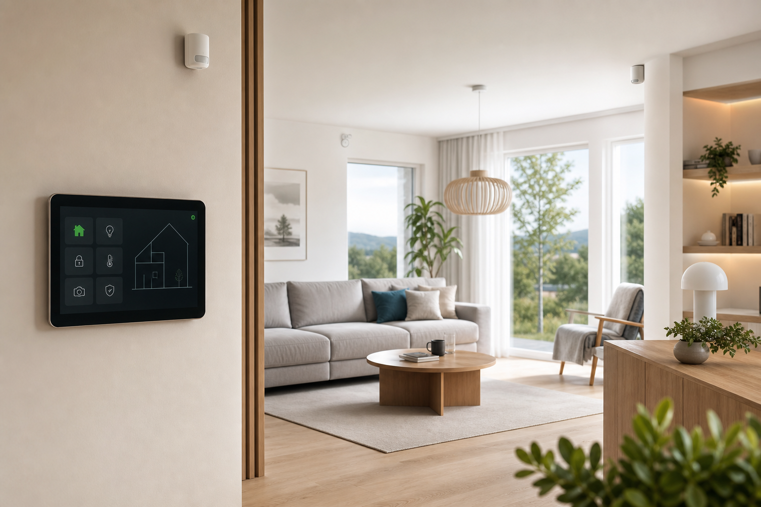 Nordic-style living room with subtle smart-home controls and a caregiver monitoring display