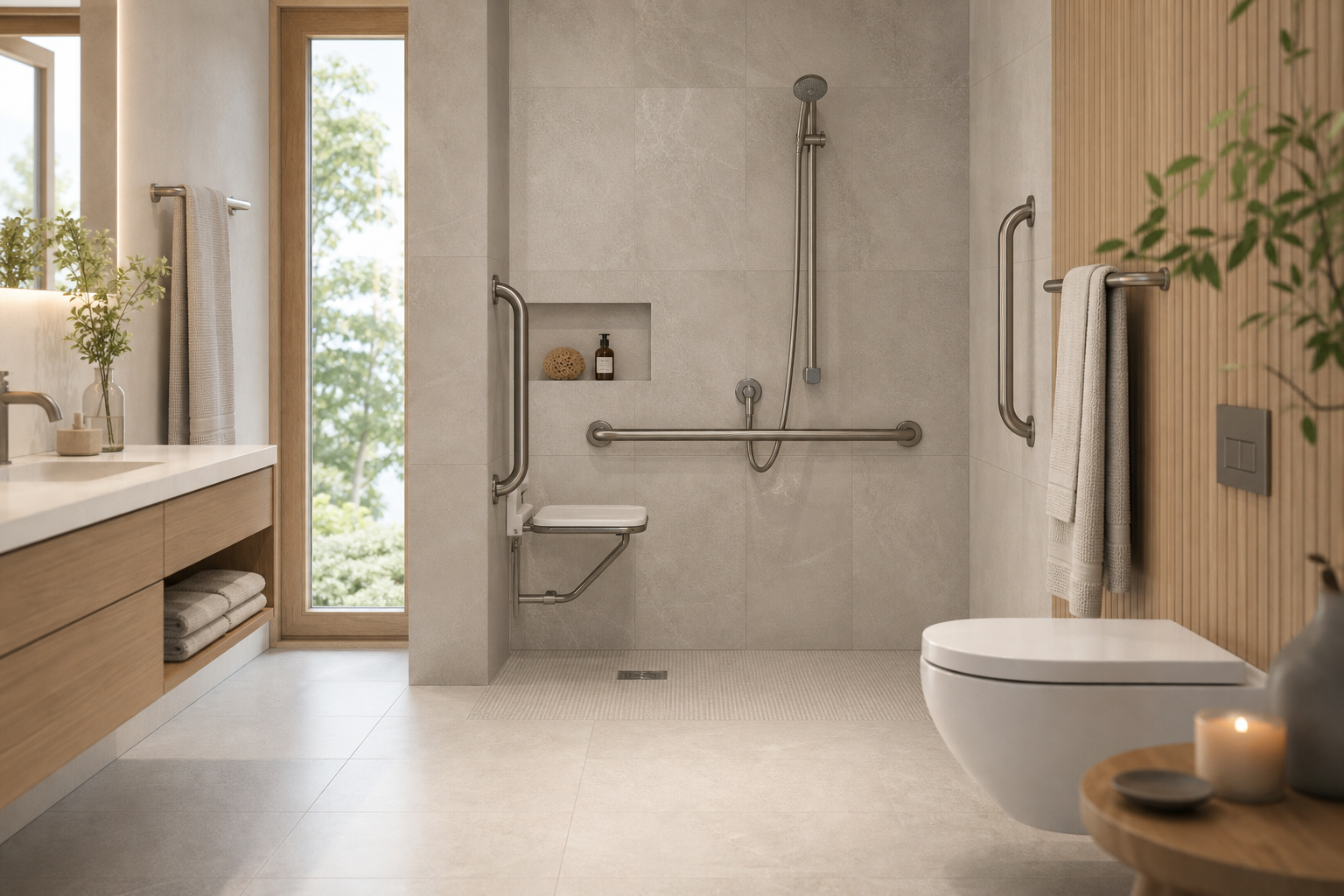 Accessible bathroom with grab rails, barrier-free shower, and Nordic minimalist finishes
