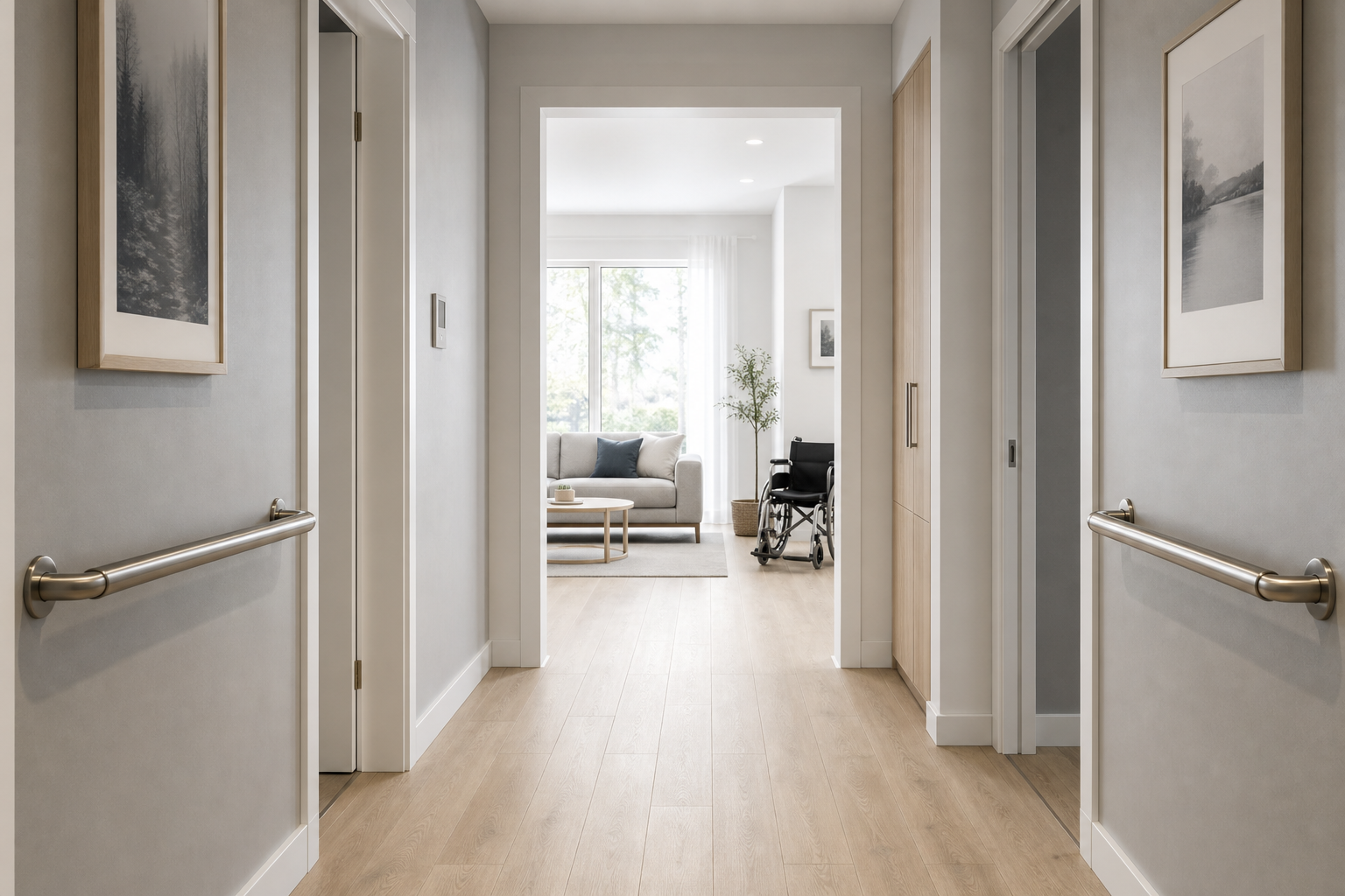 Accessible hallway with subtle grab rails, widened doorway, and Nordic-inspired neutral finishes