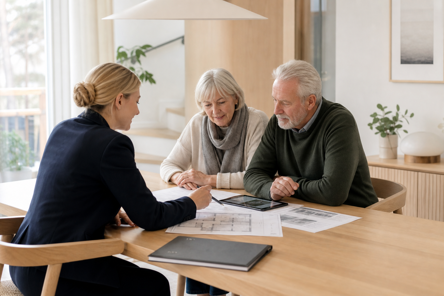 Accessibility specialist reviewing home assessment plans with a family in a bright Scandinavian interior