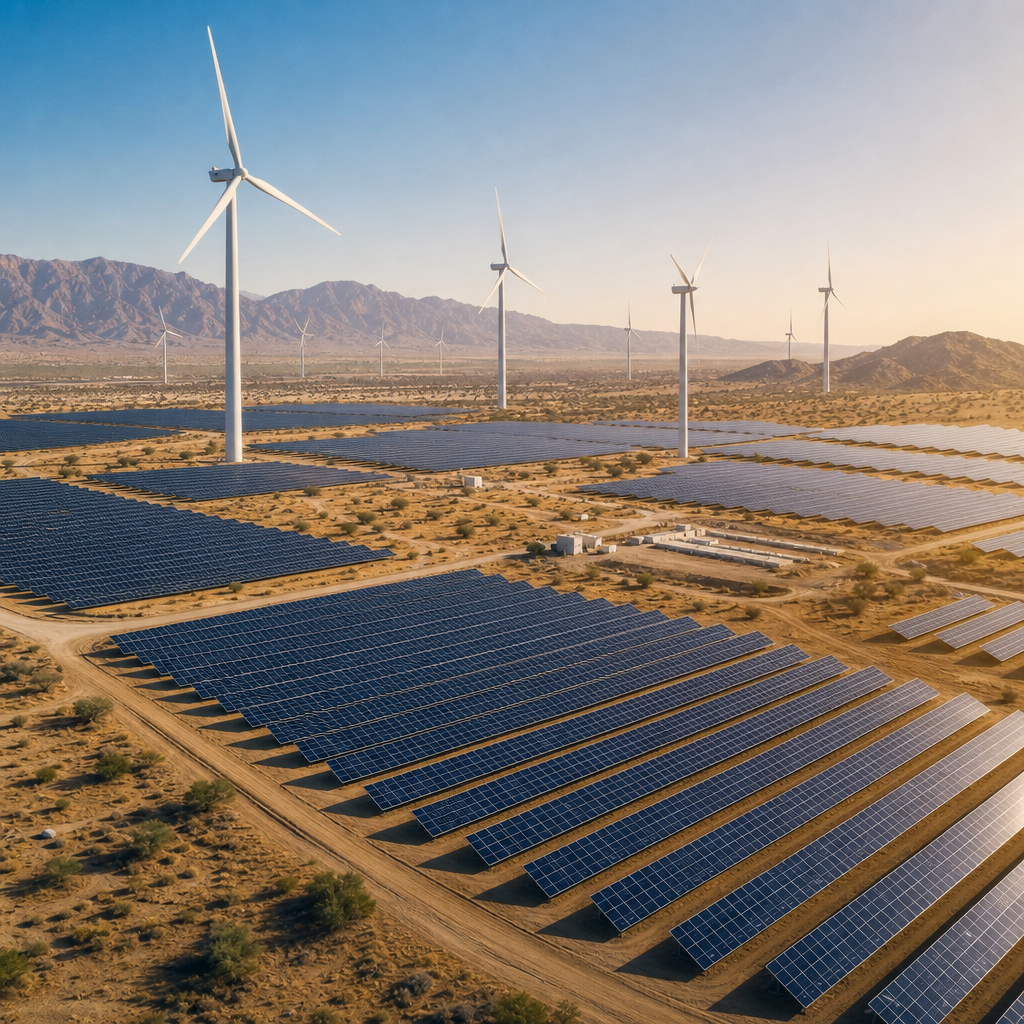 Abstract global investment network with subtle circuitry and renewable energy motifs