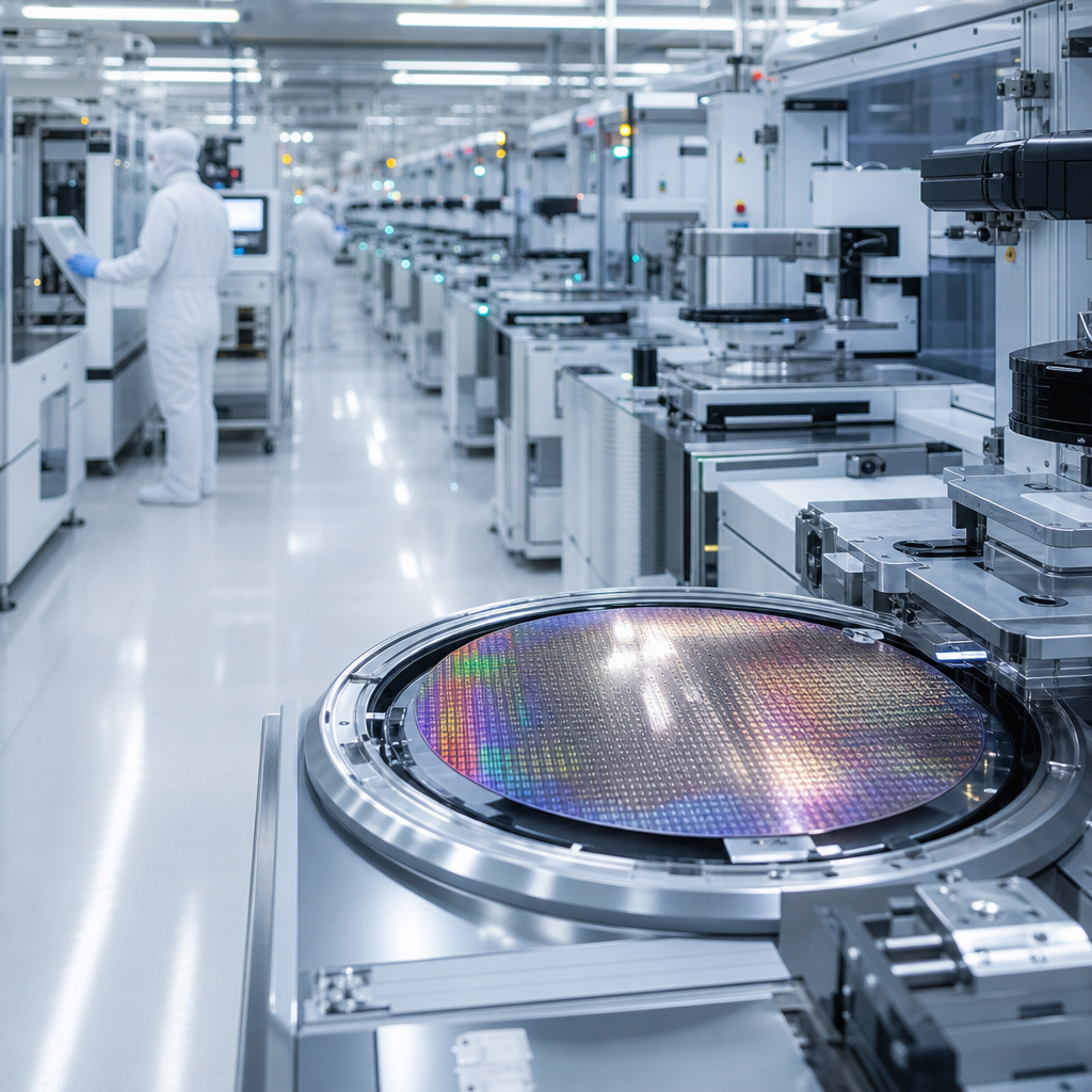 Abstract global semiconductor production flow with layered circuitry and clean industrial tones