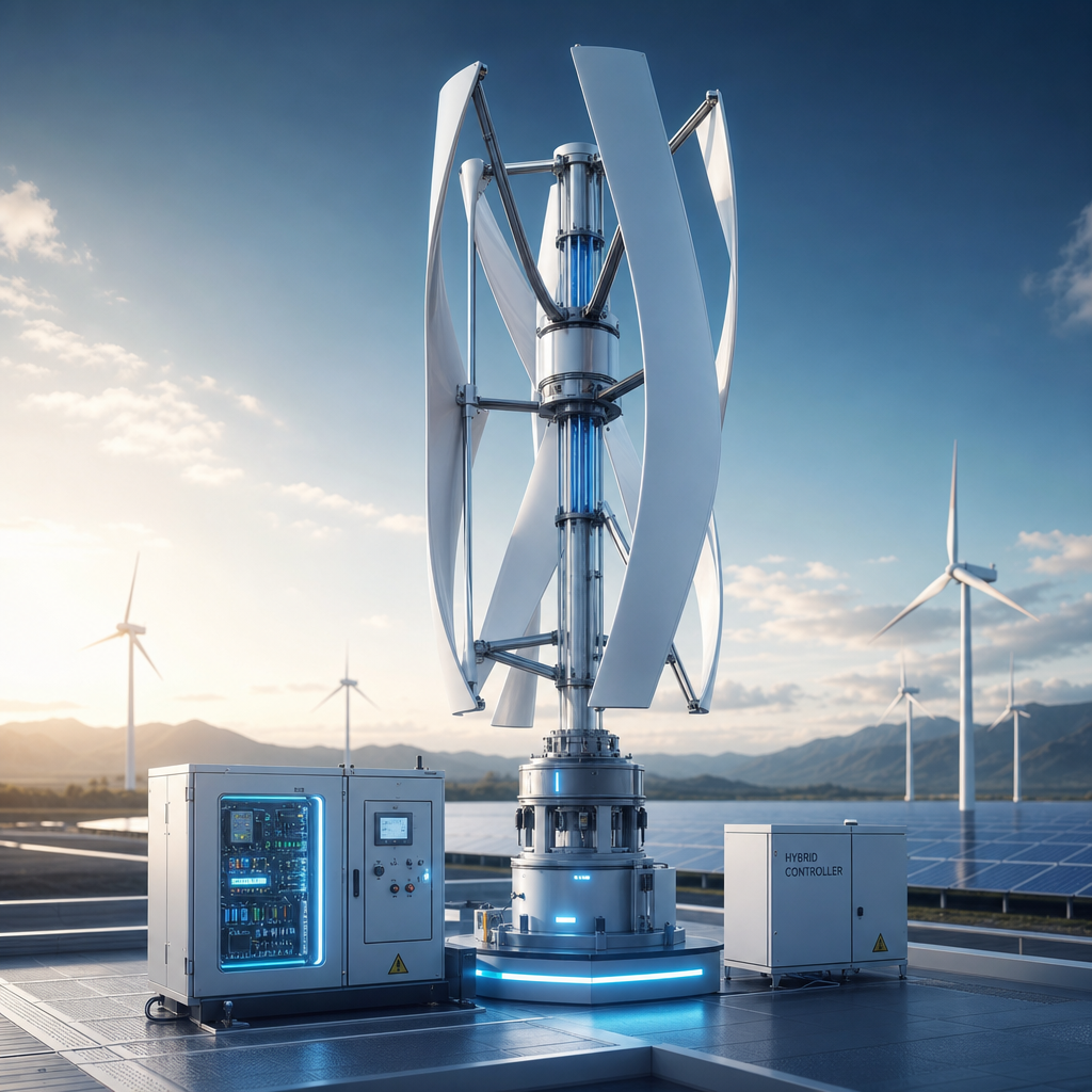 Futuristic coastal wind energy innovation scene with sleek turbines, offshore platforms, and glowing power lines representing advanced grid integration