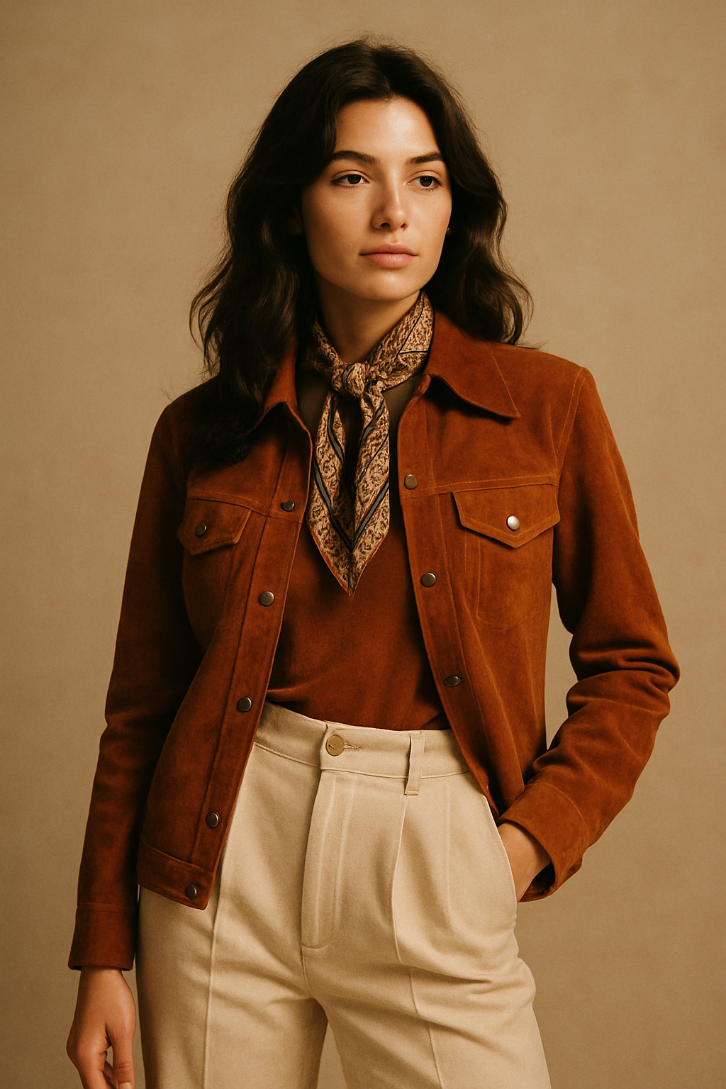 Studio fashion photo of a stylish woman wearing a rust suede jacket, high-waisted cream trousers, and a patterned scarf, captured in warm film-like lighting against a neutral backdrop.
