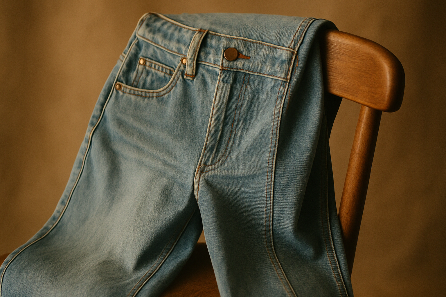 Close-up of high-rise flared denim with a gentle faded wash and vintage stitching on a wooden chair
