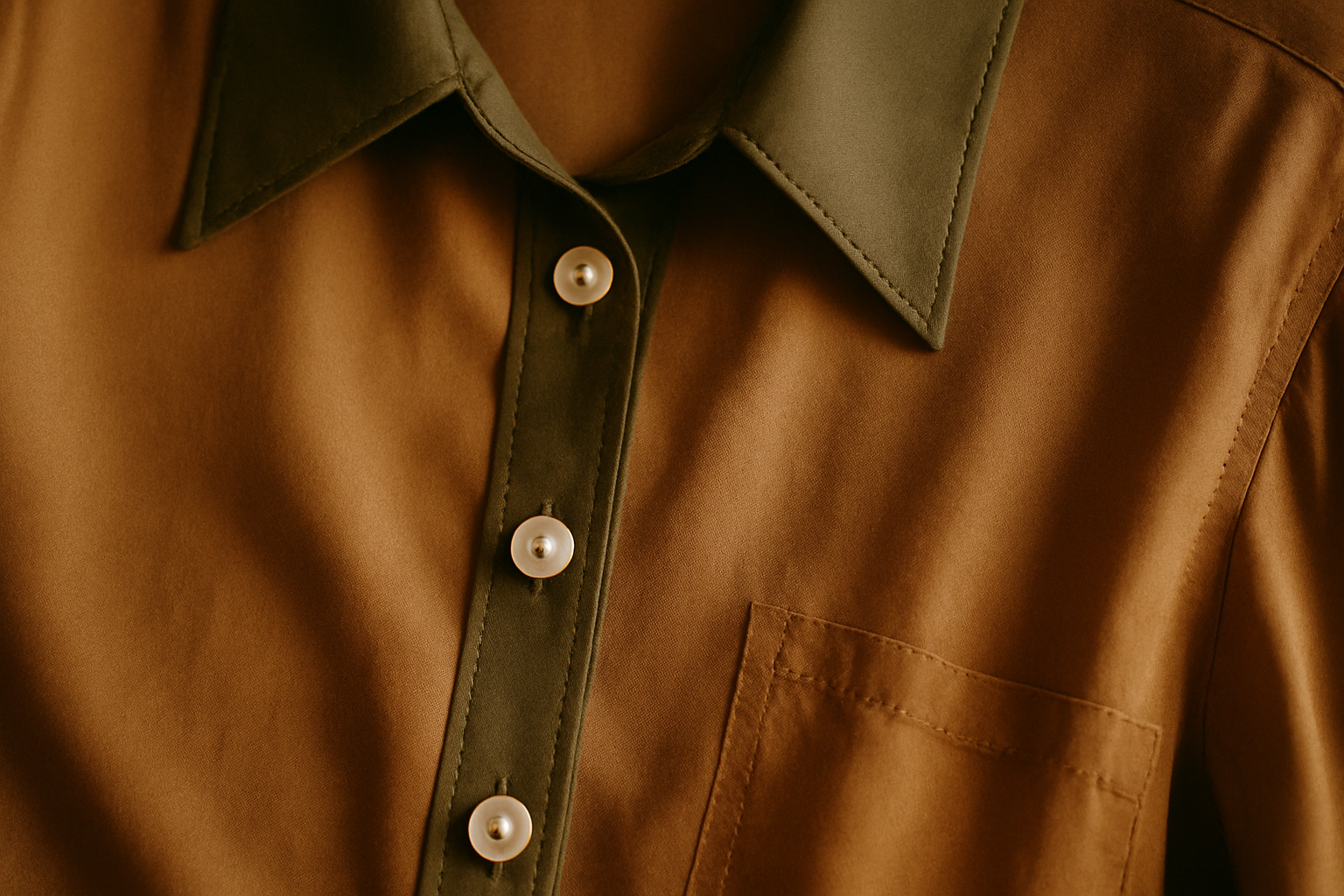 Close-up of vintage silk blouse details with pearl buttons, warm grainy film mood, and muted earthy tones