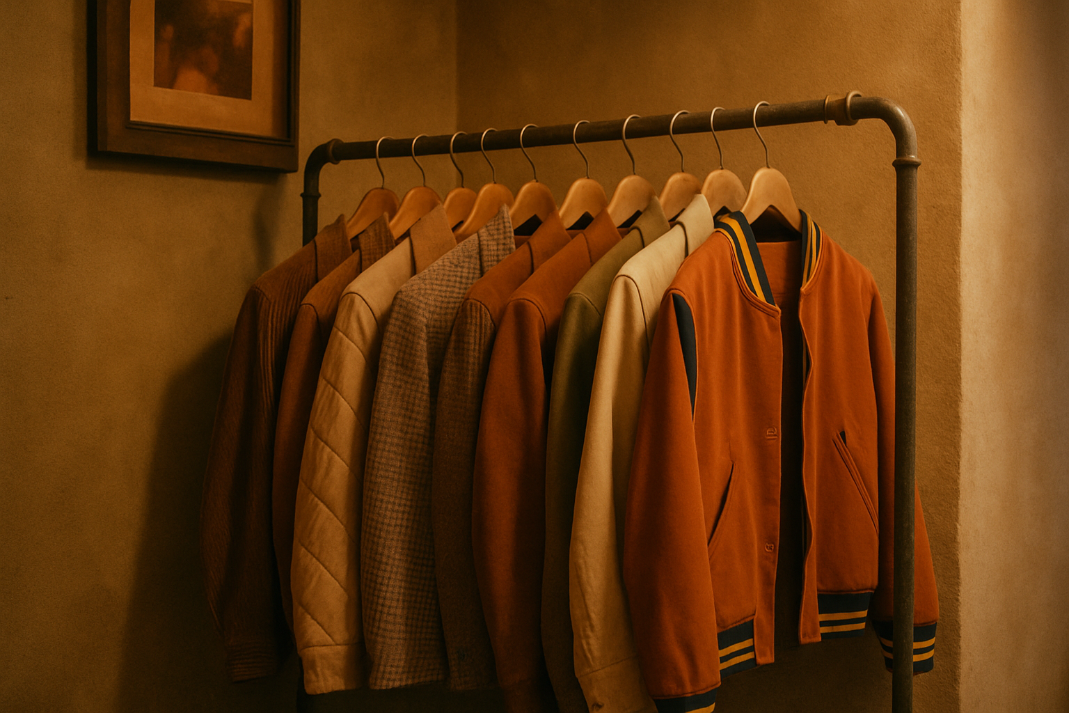 Warm boutique corner with a curated rack of 70s and 80s jackets, soft film lighting, and textured wooden hangers
