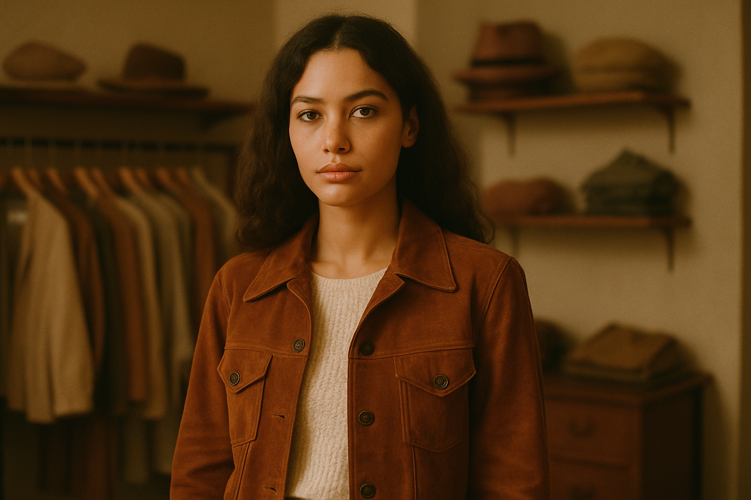 Model wearing a warm chestnut suede jacket with a cream knit top, photographed in a softly lit boutique setting