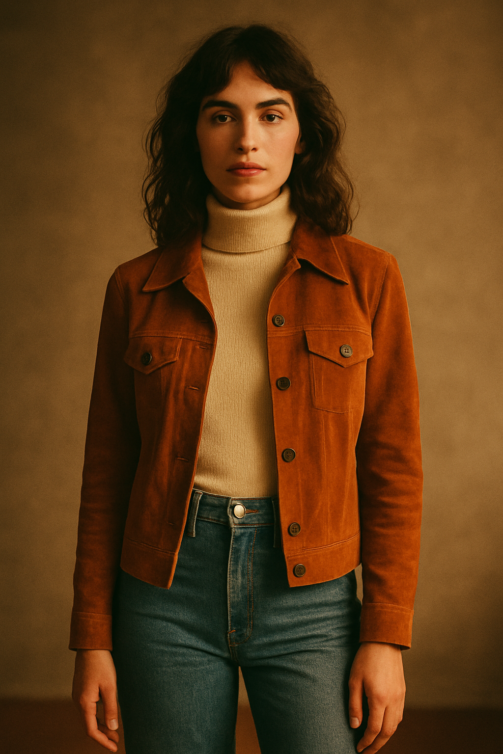 Warm film-style portrait of a model wearing a rust suede jacket and high-waisted denim, soft grain aesthetic