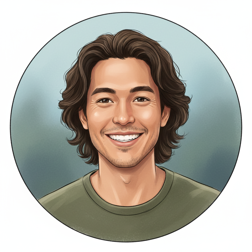 Portrait of Jordan Kim, a cheerful dog trainer with medium-length wavy hair, light stubble, and a warm, approachable expression