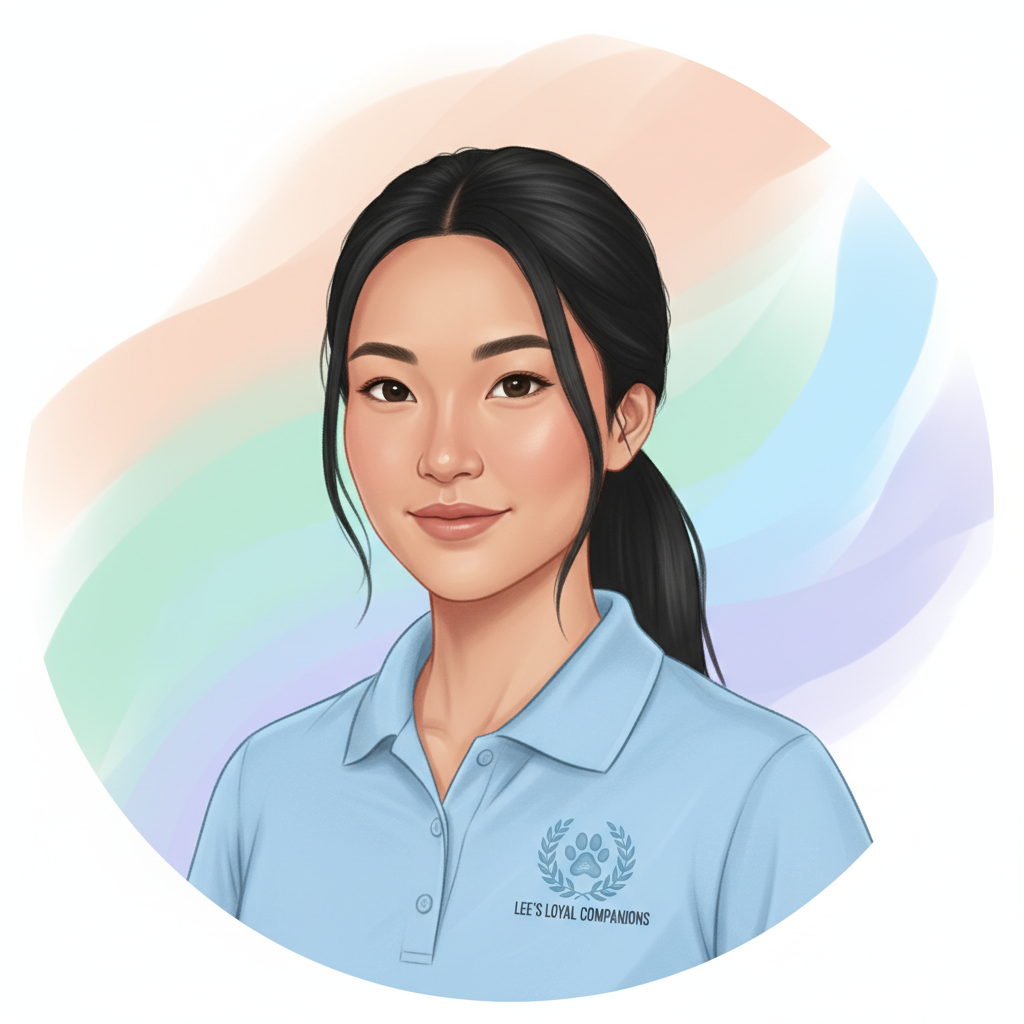 Portrait of Samantha Lee, a certified dog trainer with long black hair in a ponytail, friendly eyes, and a gentle, confident smile