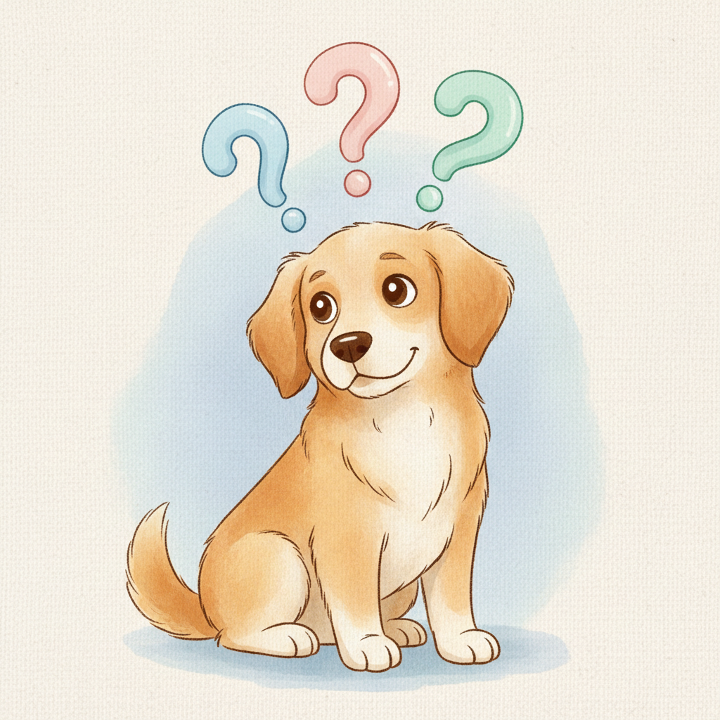 Curious dog with question marks, representing FAQs