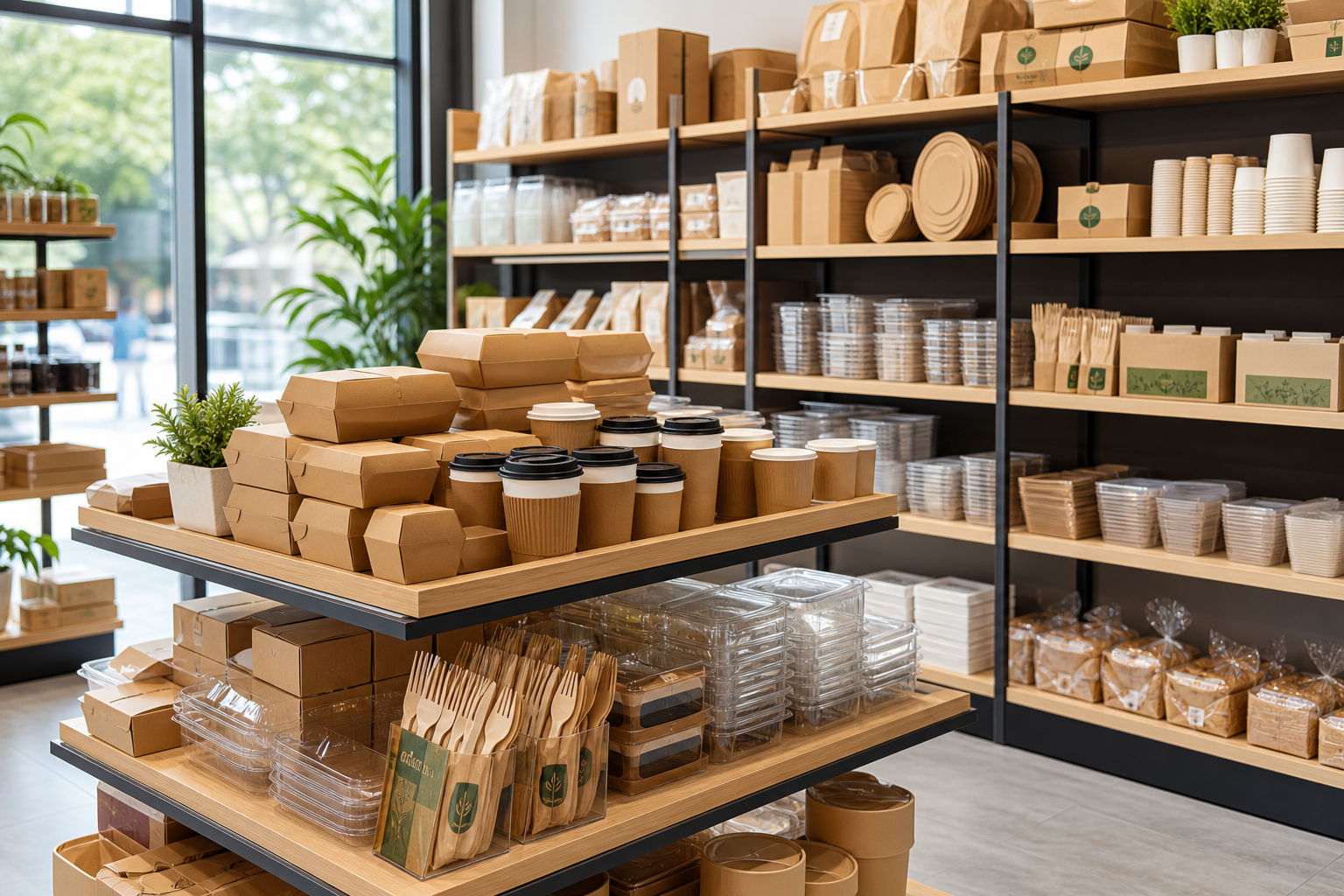 Clean professional food packaging showroom with organized shelves of containers, cups, wraps, and takeaway boxes