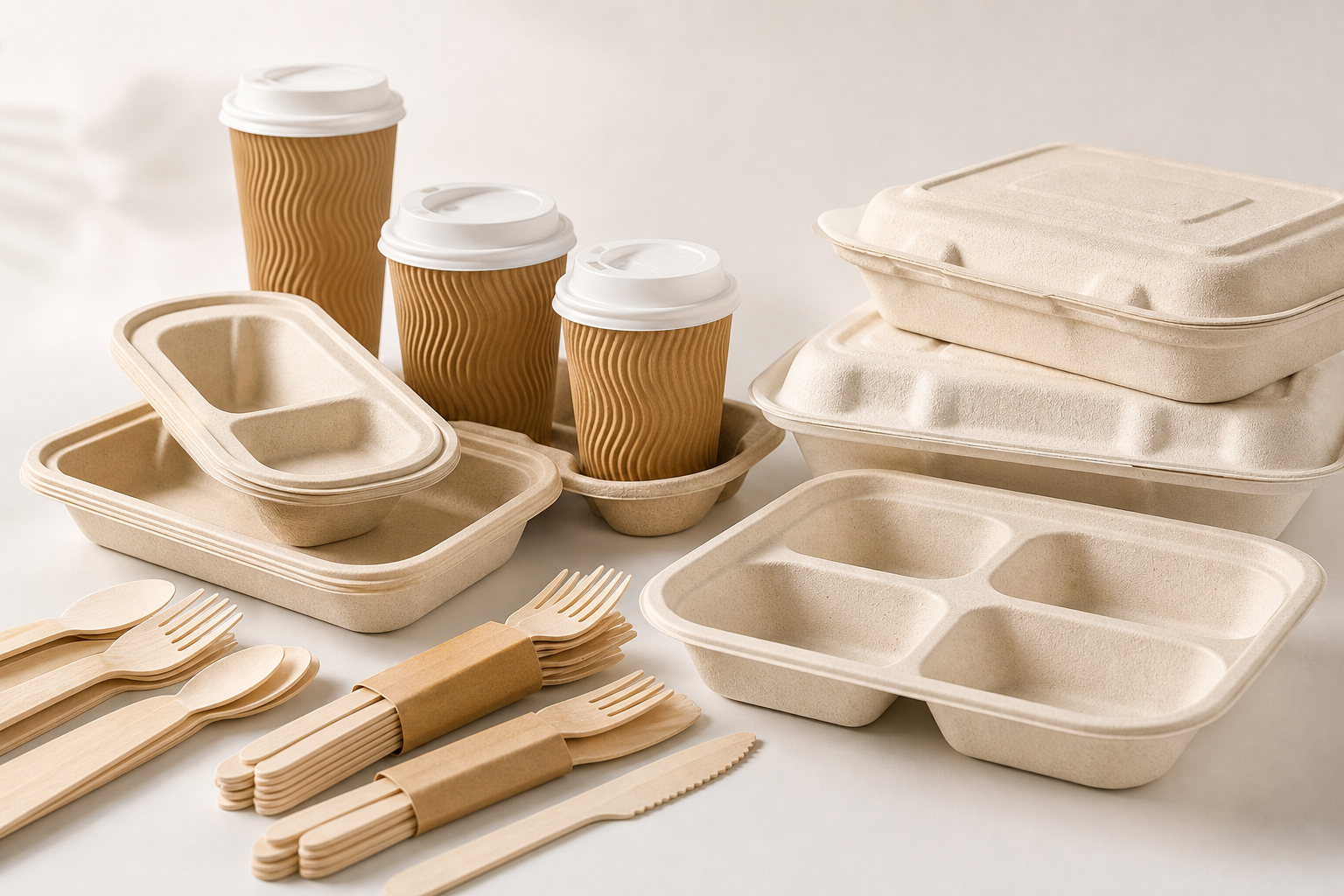 Eco-friendly foodservice assortment featuring kraft paper cups with lids, bagasse trays, and light wooden cutlery on a neutral background