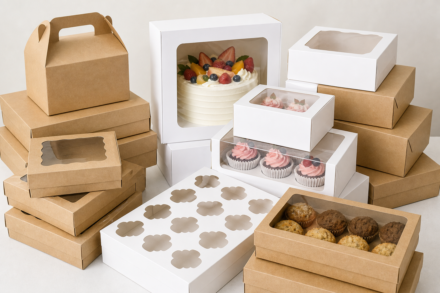 Kraft bakery packaging assortment with pastry boxes, window cake boxes, and cupcake inserts displayed in bright soft lighting