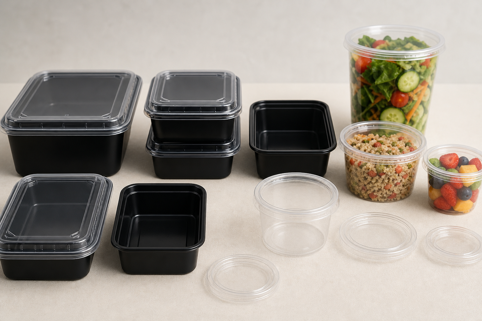 Assorted takeout containers with matching clear lids, including black meal prep bases and transparent deli tubs arranged on a clean studio surface