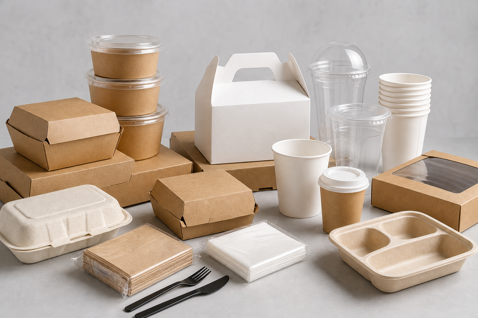 Polished assortment of food packaging supplies including takeout containers, cups with lids, bakery boxes, napkins, serving trays, and eco-friendly packaging arranged neatly on a clean studio backdrop