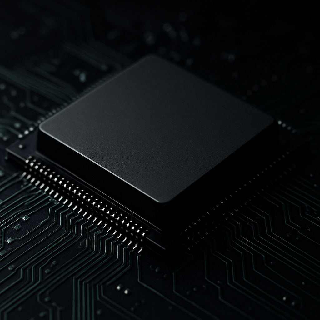 Close-up of a matte black CPU chip on a circuit substrate