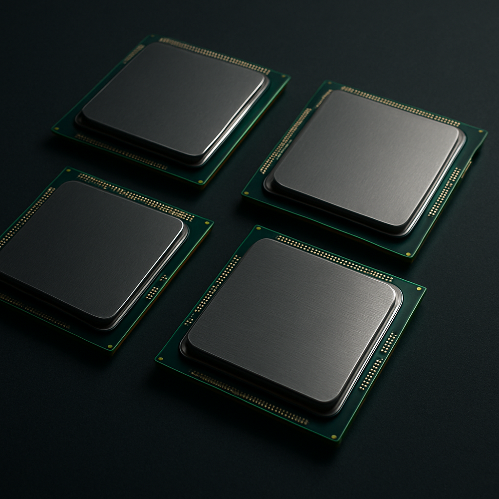 Metallic CPU chips with a green glow on a dark tech surface