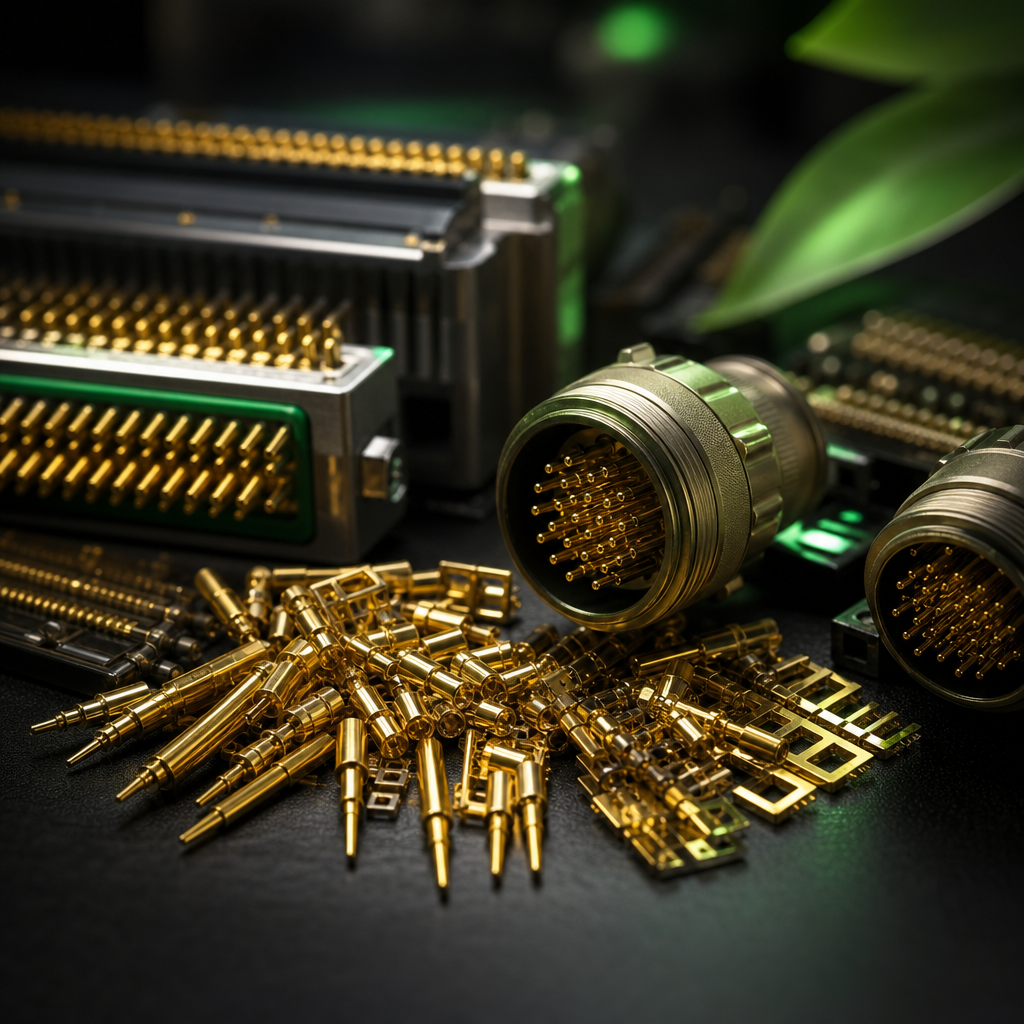 Bundle of gold-plated pins and connectors on a dark surface