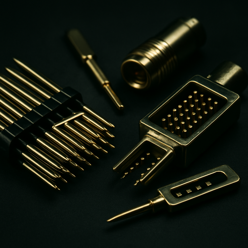 Bundle of gold-plated pins and connectors on a dark surface