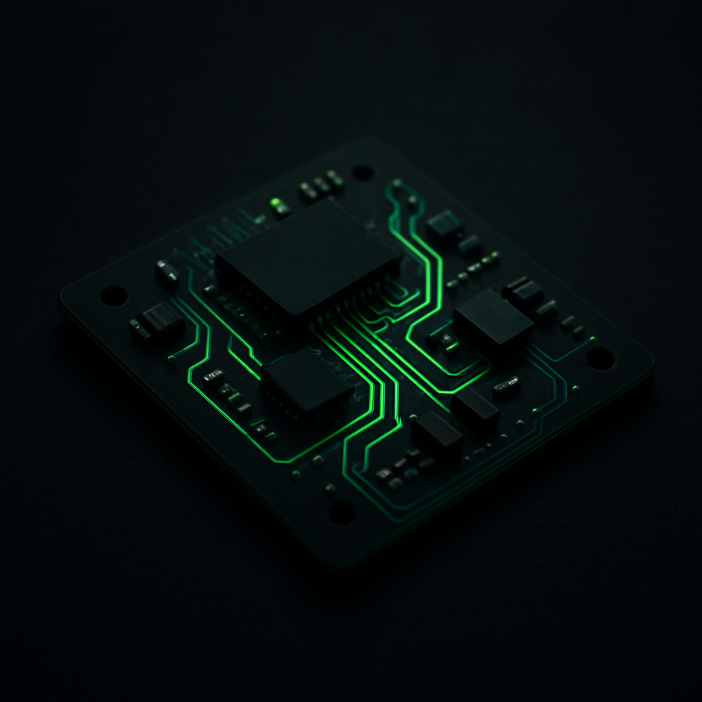 Small circuit board with embedded IC chips and neon-green trace lines