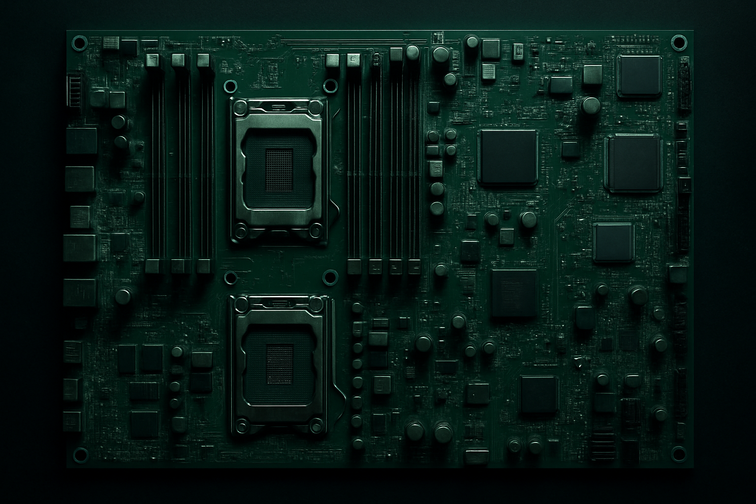 Dark green server motherboard with dense components and metallic traces